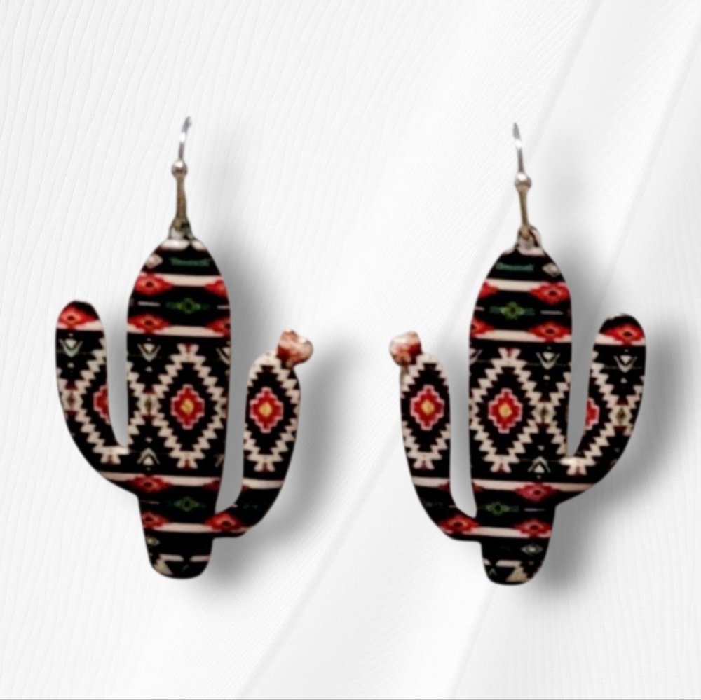 Southwest Navajo Print Metal Cactus Earrings New - Picture 3 of 3